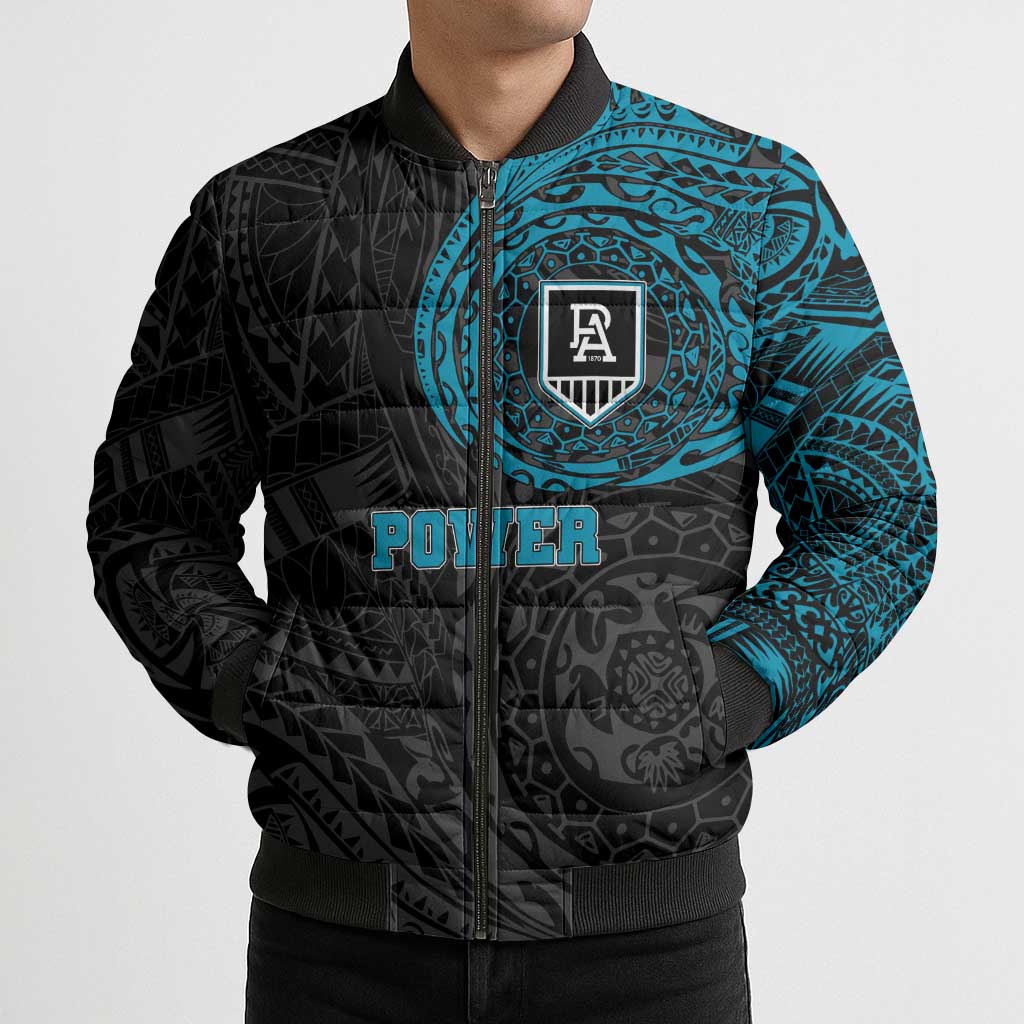 Personalized Port Adelaide Power Polynesian Bomber Puffer Jacket Tribal Chest and Sleeve Tattoo Heritage Warrior