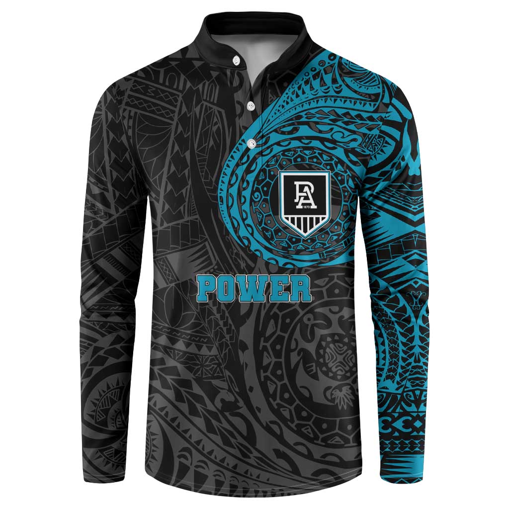Personalized Port Adelaide Power Polynesian Button Sweatshirt Tribal Chest and Sleeve Tattoo Heritage Warrior