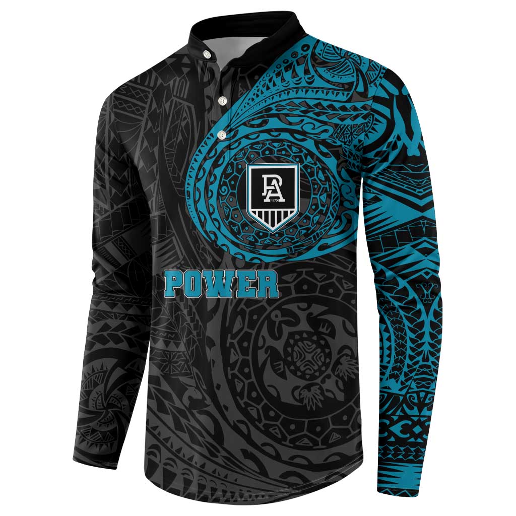 Personalized Port Adelaide Power Polynesian Button Sweatshirt Tribal Chest and Sleeve Tattoo Heritage Warrior