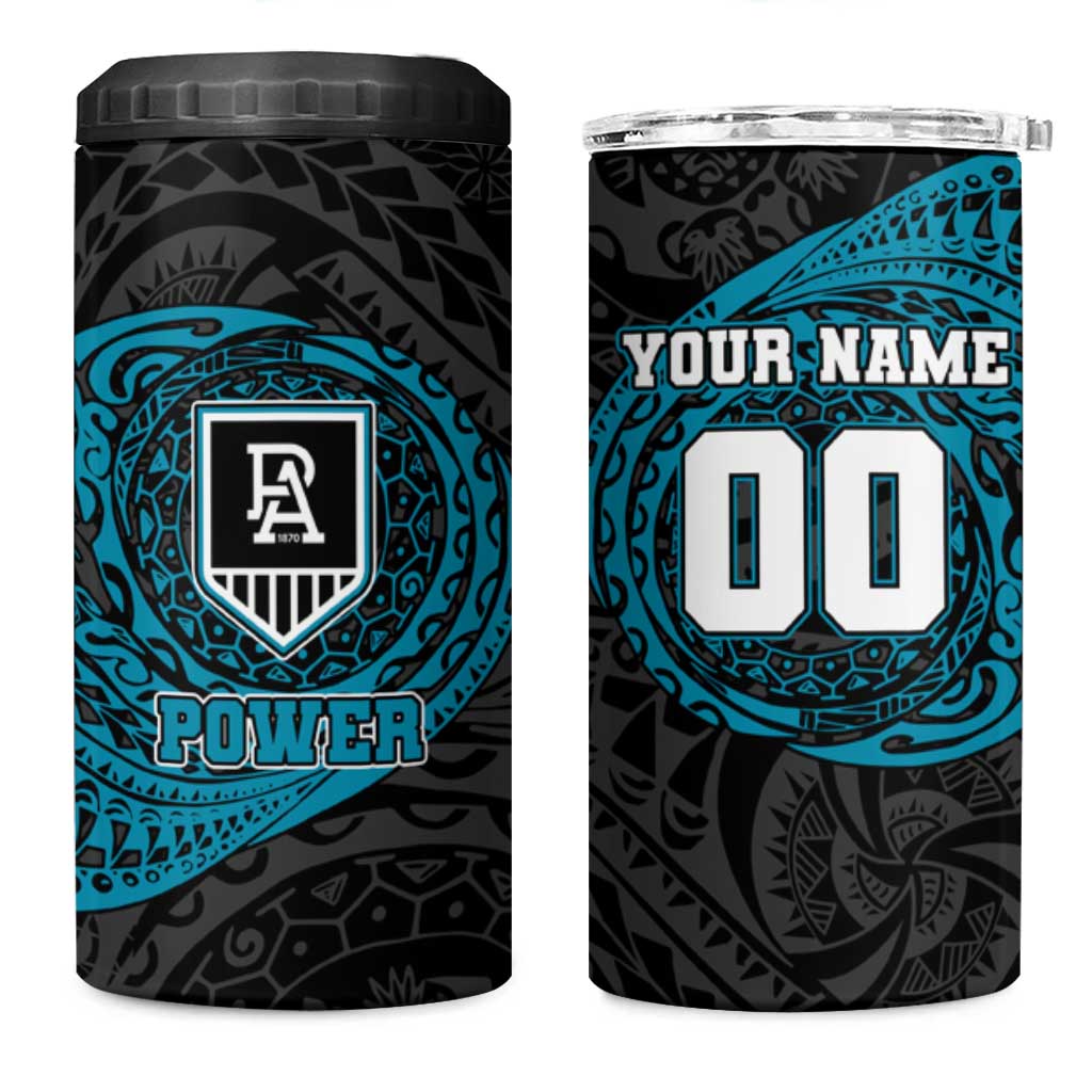 Personalized Port Adelaide Power Polynesian 4 in 1 Can Cooler Tumbler Tribal Chest and Sleeve Tattoo Heritage Warrior