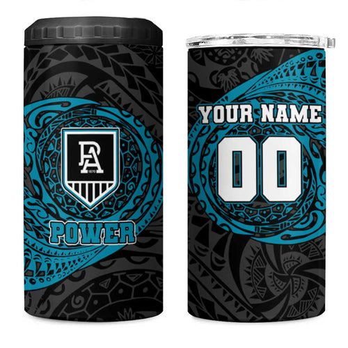 Personalized Port Adelaide Power Polynesian 4 in 1 Can Cooler Tumbler Tribal Chest and Sleeve Tattoo Heritage Warrior