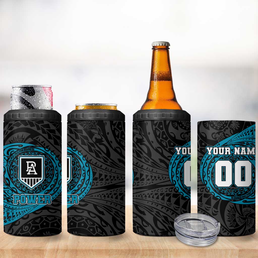 Personalized Port Adelaide Power Polynesian 4 in 1 Can Cooler Tumbler Tribal Chest and Sleeve Tattoo Heritage Warrior