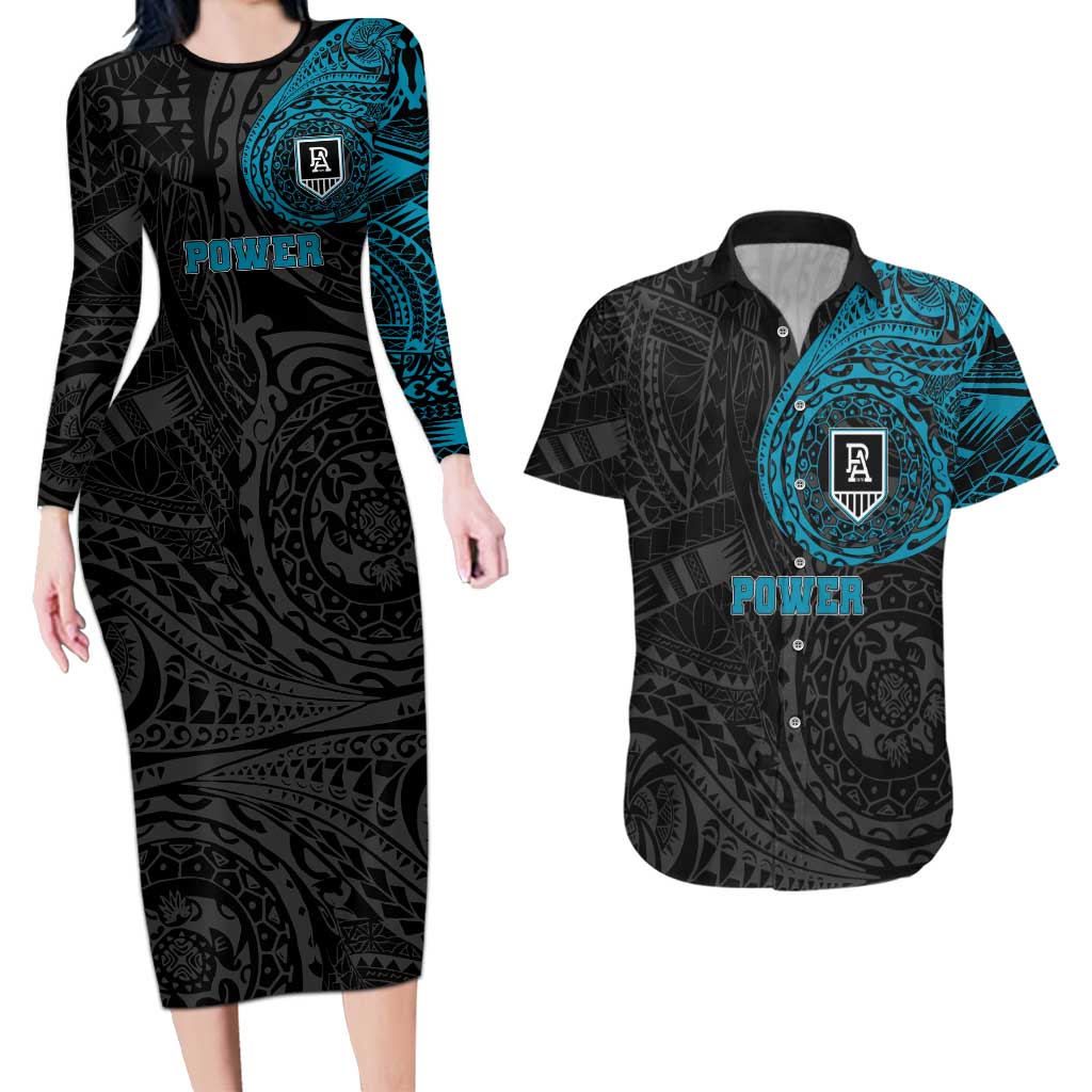 Personalized Port Adelaide Power Polynesian Couples Matching Long Sleeve Bodycon Dress and Hawaiian Shirt Tribal Chest and Sleeve Tattoo Heritage Warrior