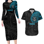 Personalized Port Adelaide Power Polynesian Couples Matching Long Sleeve Bodycon Dress and Hawaiian Shirt Tribal Chest and Sleeve Tattoo Heritage Warrior