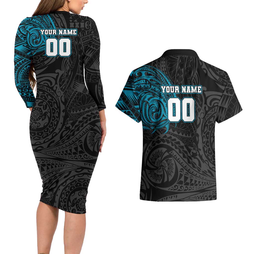 Personalized Port Adelaide Power Polynesian Couples Matching Long Sleeve Bodycon Dress and Hawaiian Shirt Tribal Chest and Sleeve Tattoo Heritage Warrior