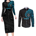 Personalized Port Adelaide Power Polynesian Couples Matching Long Sleeve Bodycon Dress and Long Sleeve Button Shirt Tribal Chest and Sleeve Tattoo Heritage Warrior