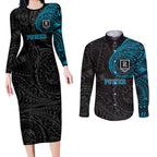 Personalized Port Adelaide Power Polynesian Couples Matching Long Sleeve Bodycon Dress and Long Sleeve Button Shirt Tribal Chest and Sleeve Tattoo Heritage Warrior