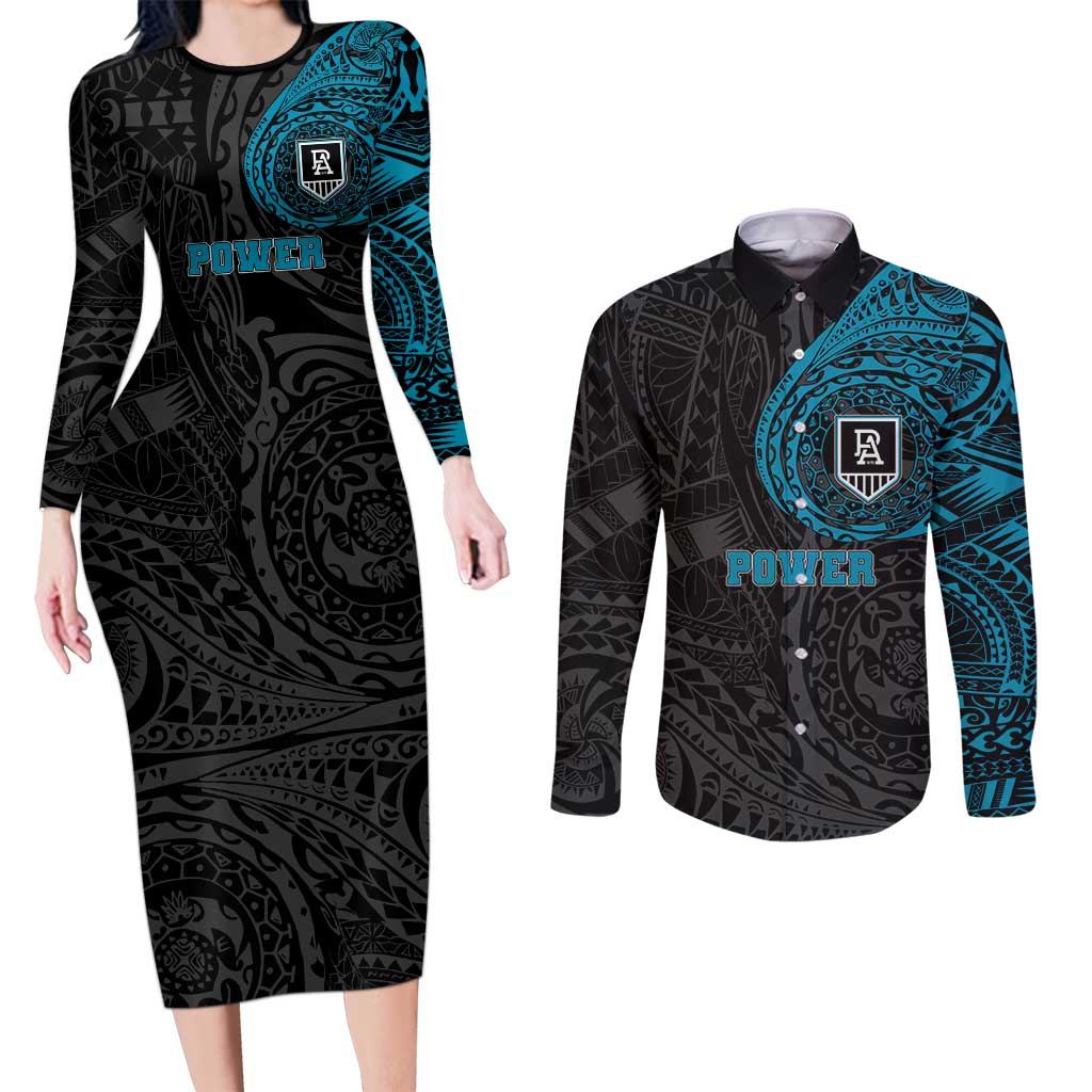 Personalized Port Adelaide Power Polynesian Couples Matching Long Sleeve Bodycon Dress and Long Sleeve Button Shirt Tribal Chest and Sleeve Tattoo Heritage Warrior