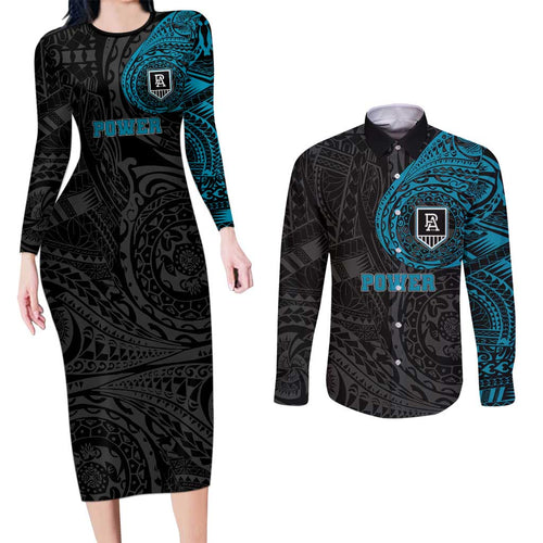 Personalized Port Adelaide Power Polynesian Couples Matching Long Sleeve Bodycon Dress and Long Sleeve Button Shirt Tribal Chest and Sleeve Tattoo Heritage Warrior