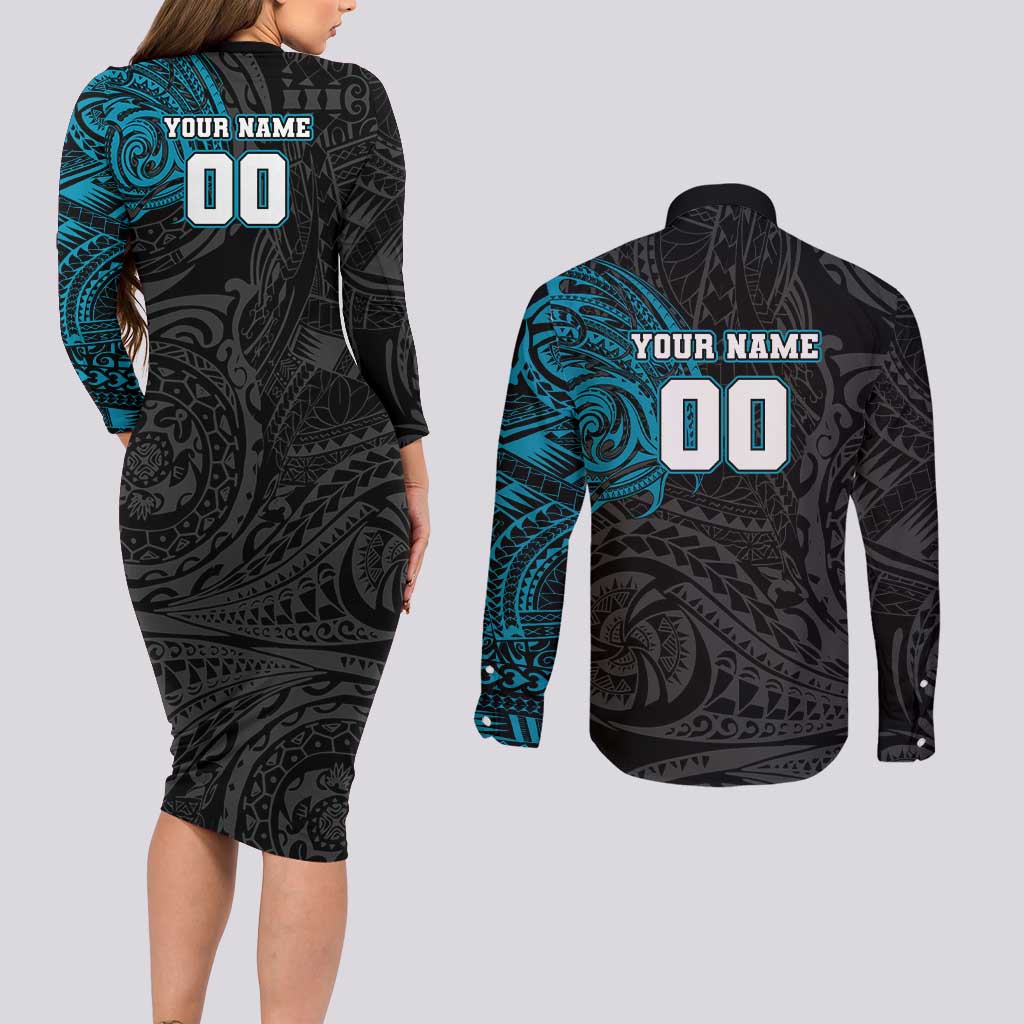 Personalized Port Adelaide Power Polynesian Couples Matching Long Sleeve Bodycon Dress and Long Sleeve Button Shirt Tribal Chest and Sleeve Tattoo Heritage Warrior