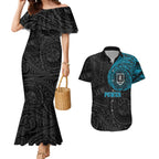 Personalized Port Adelaide Power Polynesian Couples Matching Mermaid Dress and Hawaiian Shirt Tribal Chest and Sleeve Tattoo Heritage Warrior