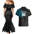 Personalized Port Adelaide Power Polynesian Couples Matching Mermaid Dress and Hawaiian Shirt Tribal Chest and Sleeve Tattoo Heritage Warrior
