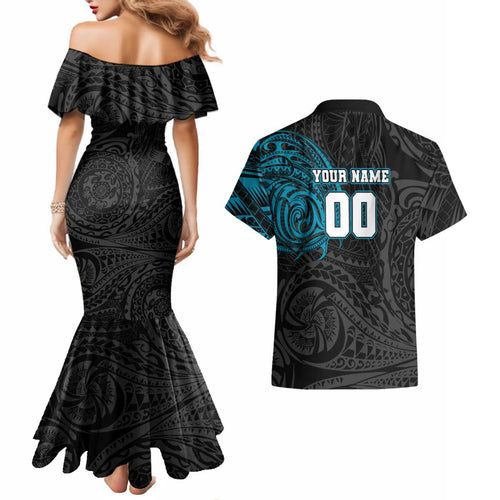 Personalized Port Adelaide Power Polynesian Couples Matching Mermaid Dress and Hawaiian Shirt Tribal Chest and Sleeve Tattoo Heritage Warrior