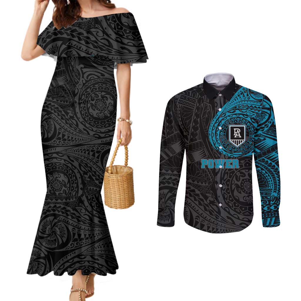 Personalized Port Adelaide Power Polynesian Couples Matching Mermaid Dress and Long Sleeve Button Shirt Tribal Chest and Sleeve Tattoo Heritage Warrior