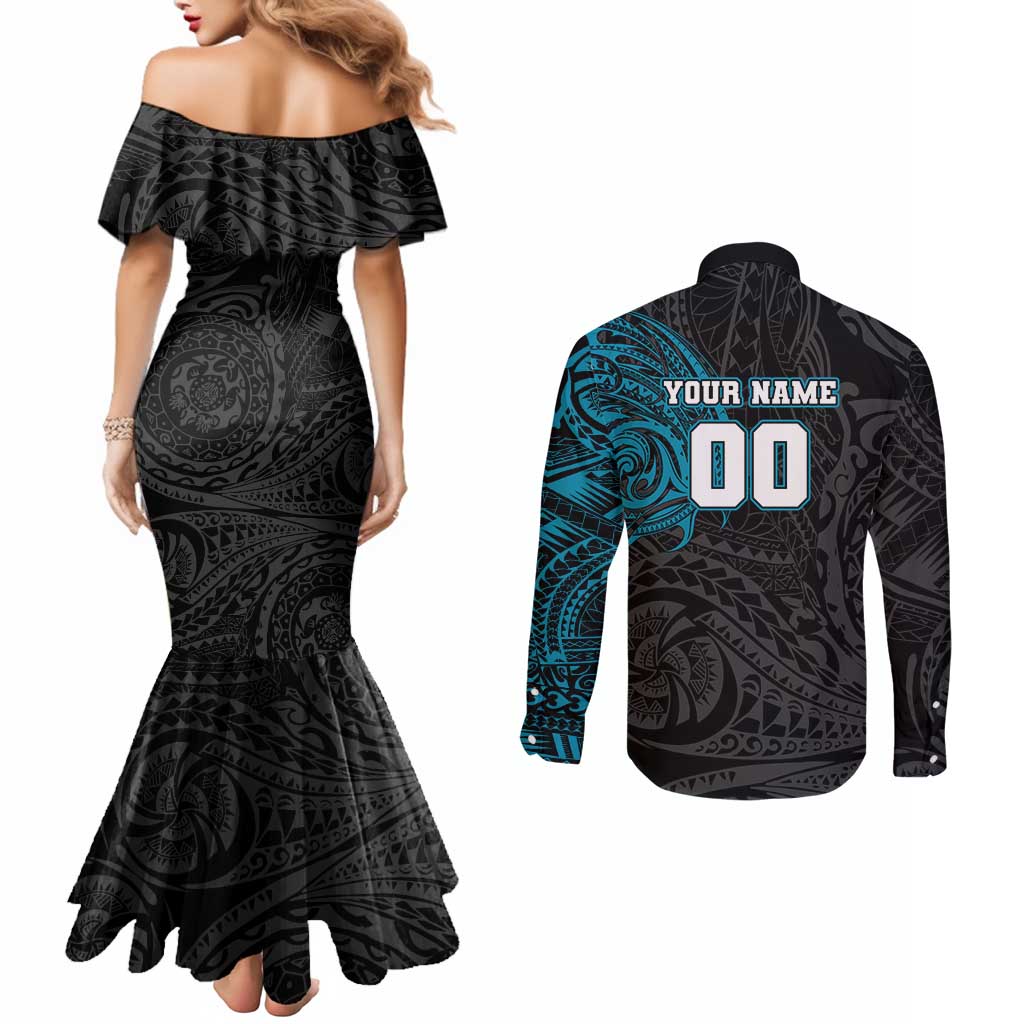 Personalized Port Adelaide Power Polynesian Couples Matching Mermaid Dress and Long Sleeve Button Shirt Tribal Chest and Sleeve Tattoo Heritage Warrior