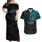 Personalized Port Adelaide Power Polynesian Couples Matching Off Shoulder Maxi Dress and Hawaiian Shirt Tribal Chest and Sleeve Tattoo Heritage Warrior