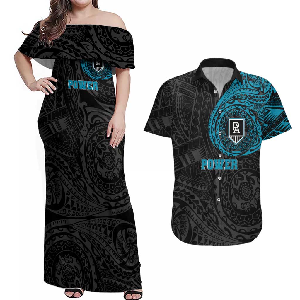 Personalized Port Adelaide Power Polynesian Couples Matching Off Shoulder Maxi Dress and Hawaiian Shirt Tribal Chest and Sleeve Tattoo Heritage Warrior