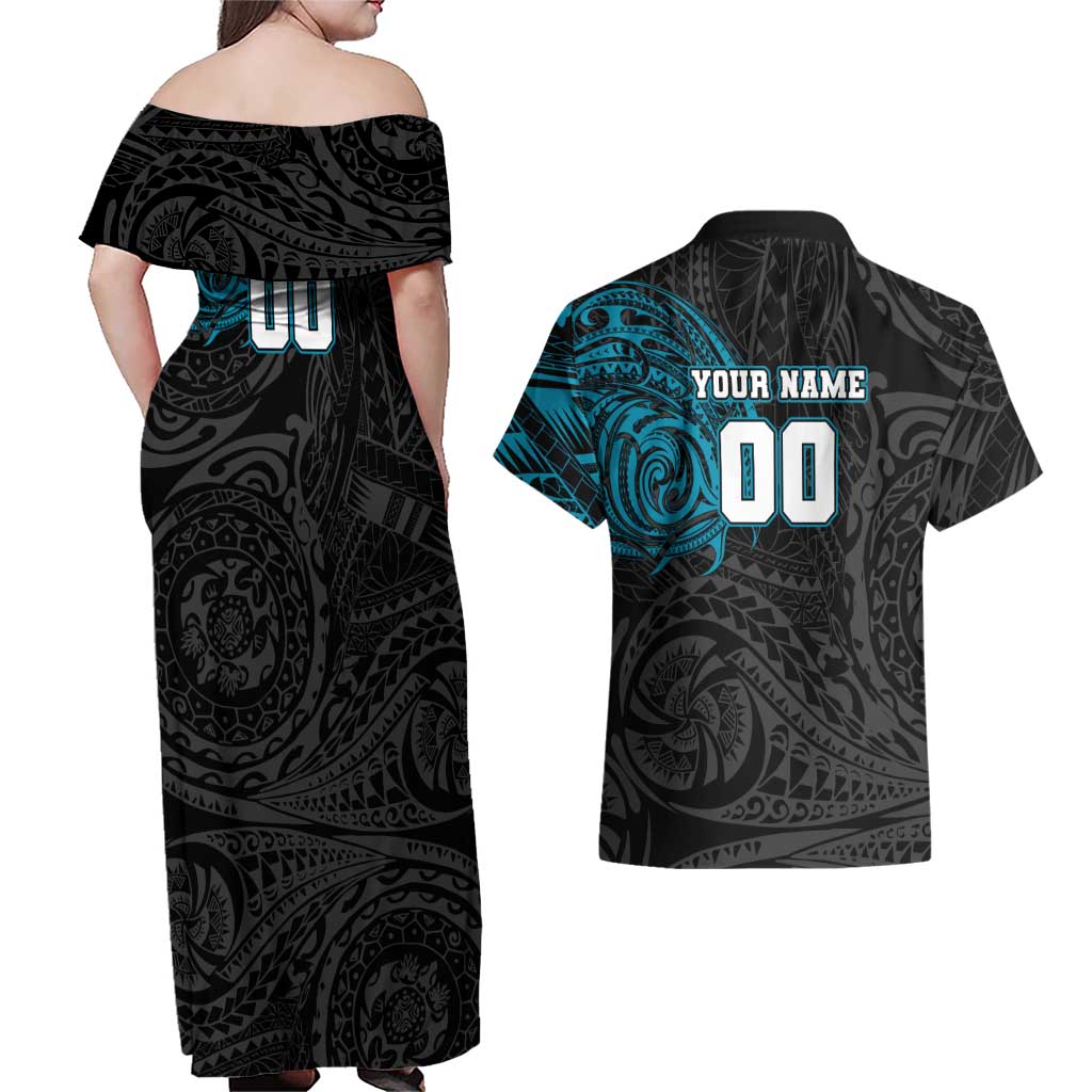 Personalized Port Adelaide Power Polynesian Couples Matching Off Shoulder Maxi Dress and Hawaiian Shirt Tribal Chest and Sleeve Tattoo Heritage Warrior