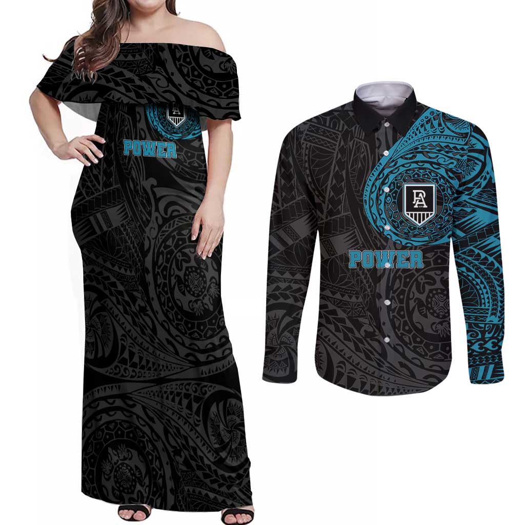 Personalized Port Adelaide Power Polynesian Couples Matching Off Shoulder Maxi Dress and Long Sleeve Button Shirt Tribal Chest and Sleeve Tattoo Heritage Warrior