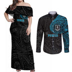 Personalized Port Adelaide Power Polynesian Couples Matching Off Shoulder Maxi Dress and Long Sleeve Button Shirt Tribal Chest and Sleeve Tattoo Heritage Warrior