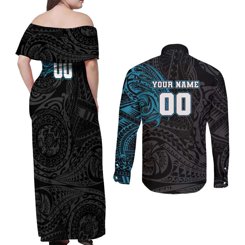 Personalized Port Adelaide Power Polynesian Couples Matching Off Shoulder Maxi Dress and Long Sleeve Button Shirt Tribal Chest and Sleeve Tattoo Heritage Warrior