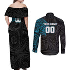 Personalized Port Adelaide Power Polynesian Couples Matching Off Shoulder Maxi Dress and Long Sleeve Button Shirt Tribal Chest and Sleeve Tattoo Heritage Warrior