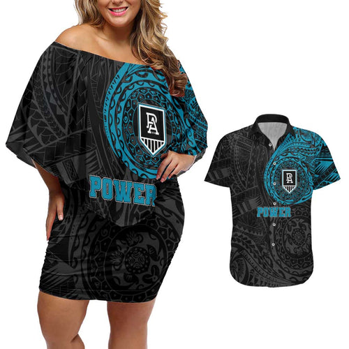 Personalized Port Adelaide Power Polynesian Couples Matching Off Shoulder Short Dress and Hawaiian Shirt Tribal Chest and Sleeve Tattoo Heritage Warrior