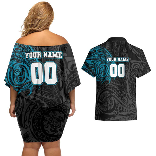 Personalized Port Adelaide Power Polynesian Couples Matching Off Shoulder Short Dress and Hawaiian Shirt Tribal Chest and Sleeve Tattoo Heritage Warrior