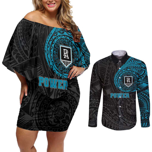 Personalized Port Adelaide Power Polynesian Couples Matching Off Shoulder Short Dress and Long Sleeve Button Shirt Tribal Chest and Sleeve Tattoo Heritage Warrior