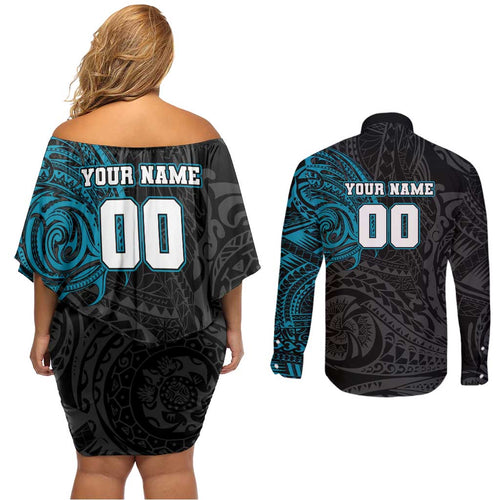 Personalized Port Adelaide Power Polynesian Couples Matching Off Shoulder Short Dress and Long Sleeve Button Shirt Tribal Chest and Sleeve Tattoo Heritage Warrior