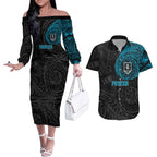 Personalized Port Adelaide Power Polynesian Couples Matching Off The Shoulder Long Sleeve Dress and Hawaiian Shirt Tribal Chest and Sleeve Tattoo Heritage Warrior