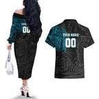 Personalized Port Adelaide Power Polynesian Couples Matching Off The Shoulder Long Sleeve Dress and Hawaiian Shirt Tribal Chest and Sleeve Tattoo Heritage Warrior