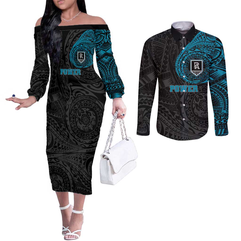 Personalized Port Adelaide Power Polynesian Couples Matching Off The Shoulder Long Sleeve Dress and Long Sleeve Button Shirt Tribal Chest and Sleeve Tattoo Heritage Warrior