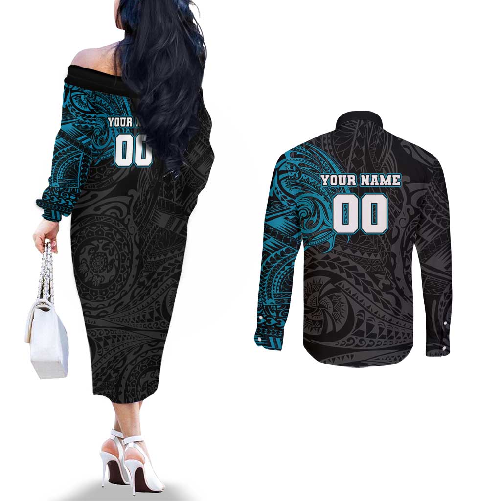 Personalized Port Adelaide Power Polynesian Couples Matching Off The Shoulder Long Sleeve Dress and Long Sleeve Button Shirt Tribal Chest and Sleeve Tattoo Heritage Warrior