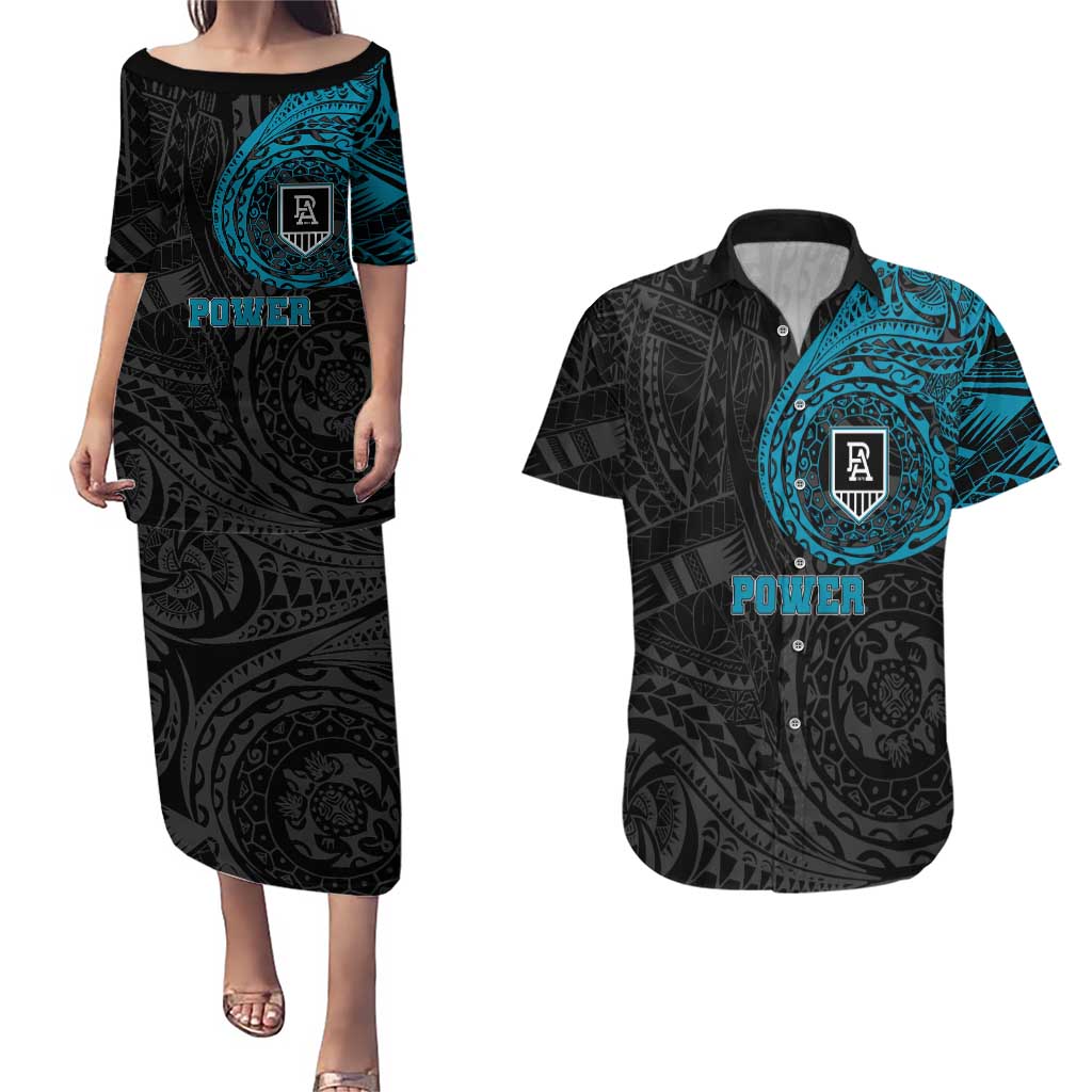 Personalized Port Adelaide Power Polynesian Couples Matching Puletasi and Hawaiian Shirt Tribal Chest and Sleeve Tattoo Heritage Warrior
