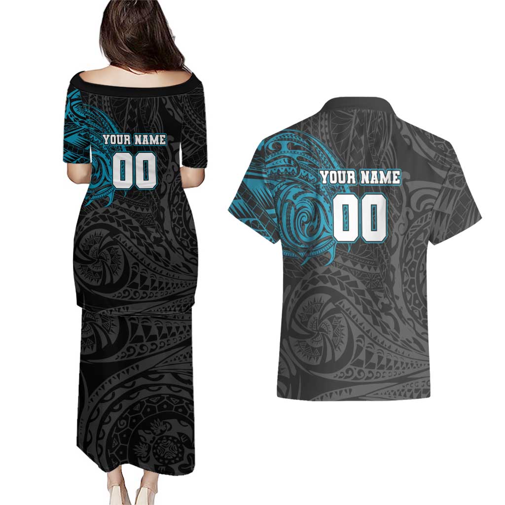Personalized Port Adelaide Power Polynesian Couples Matching Puletasi and Hawaiian Shirt Tribal Chest and Sleeve Tattoo Heritage Warrior