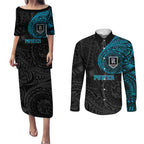 Personalized Port Adelaide Power Polynesian Couples Matching Puletasi and Long Sleeve Button Shirt Tribal Chest and Sleeve Tattoo Heritage Warrior