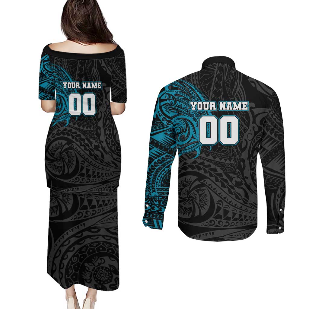 Personalized Port Adelaide Power Polynesian Couples Matching Puletasi and Long Sleeve Button Shirt Tribal Chest and Sleeve Tattoo Heritage Warrior