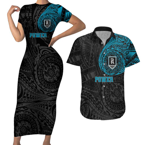 Personalized Port Adelaide Power Polynesian Couples Matching Short Sleeve Bodycon Dress and Hawaiian Shirt Tribal Chest and Sleeve Tattoo Heritage Warrior