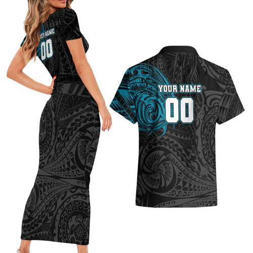 Personalized Port Adelaide Power Polynesian Couples Matching Short Sleeve Bodycon Dress and Hawaiian Shirt Tribal Chest and Sleeve Tattoo Heritage Warrior