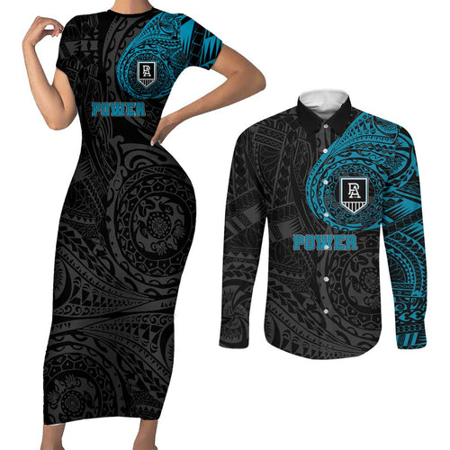 Personalized Port Adelaide Power Polynesian Couples Matching Short Sleeve Bodycon Dress and Long Sleeve Button Shirt Tribal Chest and Sleeve Tattoo Heritage Warrior