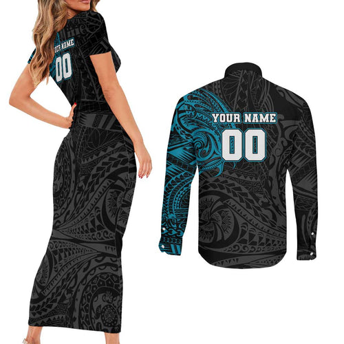 Personalized Port Adelaide Power Polynesian Couples Matching Short Sleeve Bodycon Dress and Long Sleeve Button Shirt Tribal Chest and Sleeve Tattoo Heritage Warrior