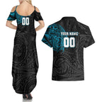 Personalized Port Adelaide Power Polynesian Couples Matching Summer Maxi Dress and Hawaiian Shirt Tribal Chest and Sleeve Tattoo Heritage Warrior