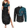 Personalized Port Adelaide Power Polynesian Couples Matching Summer Maxi Dress and Long Sleeve Button Shirt Tribal Chest and Sleeve Tattoo Heritage Warrior