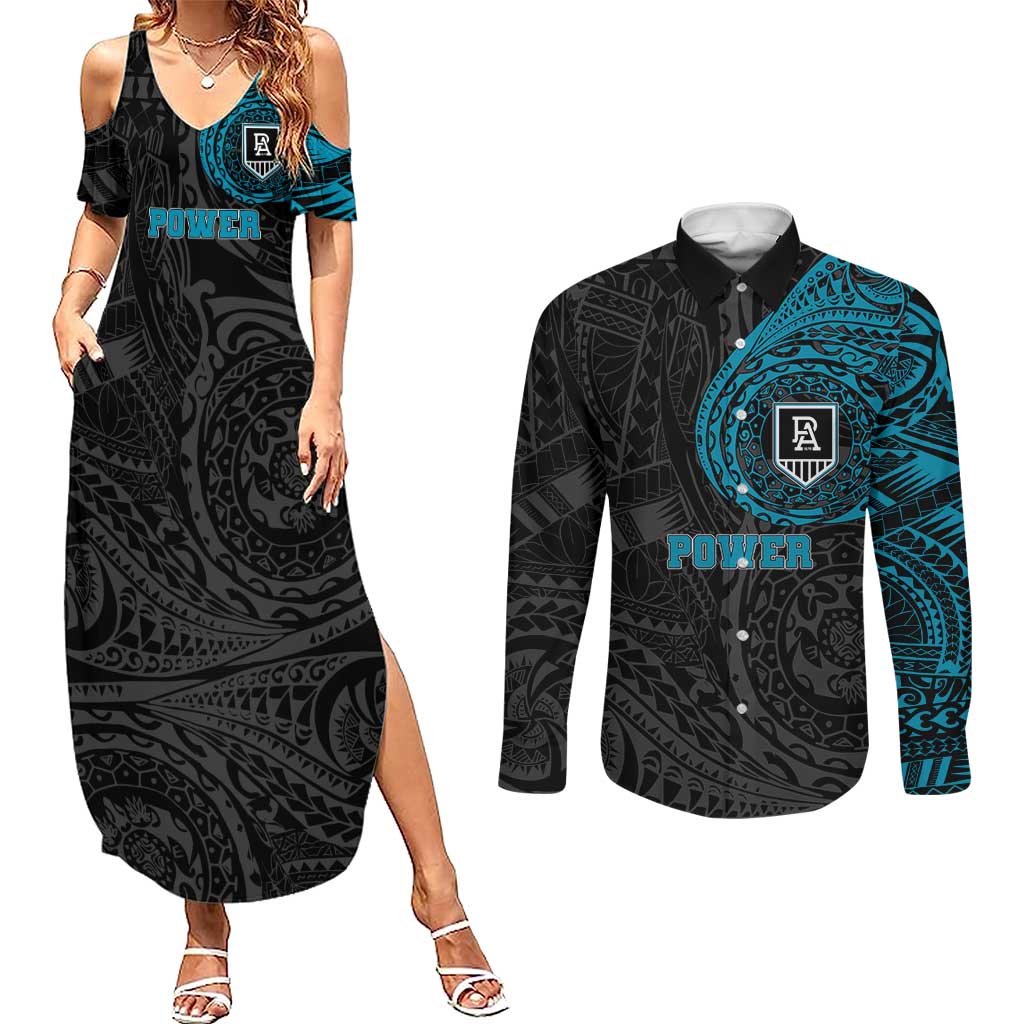 Personalized Port Adelaide Power Polynesian Couples Matching Summer Maxi Dress and Long Sleeve Button Shirt Tribal Chest and Sleeve Tattoo Heritage Warrior