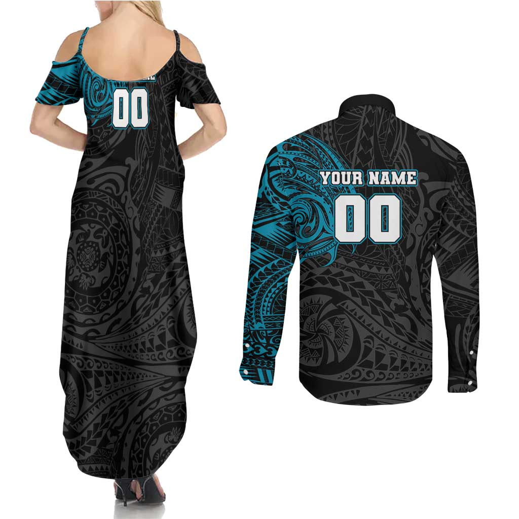 Personalized Port Adelaide Power Polynesian Couples Matching Summer Maxi Dress and Long Sleeve Button Shirt Tribal Chest and Sleeve Tattoo Heritage Warrior