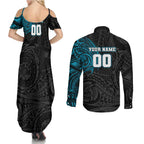 Personalized Port Adelaide Power Polynesian Couples Matching Summer Maxi Dress and Long Sleeve Button Shirt Tribal Chest and Sleeve Tattoo Heritage Warrior