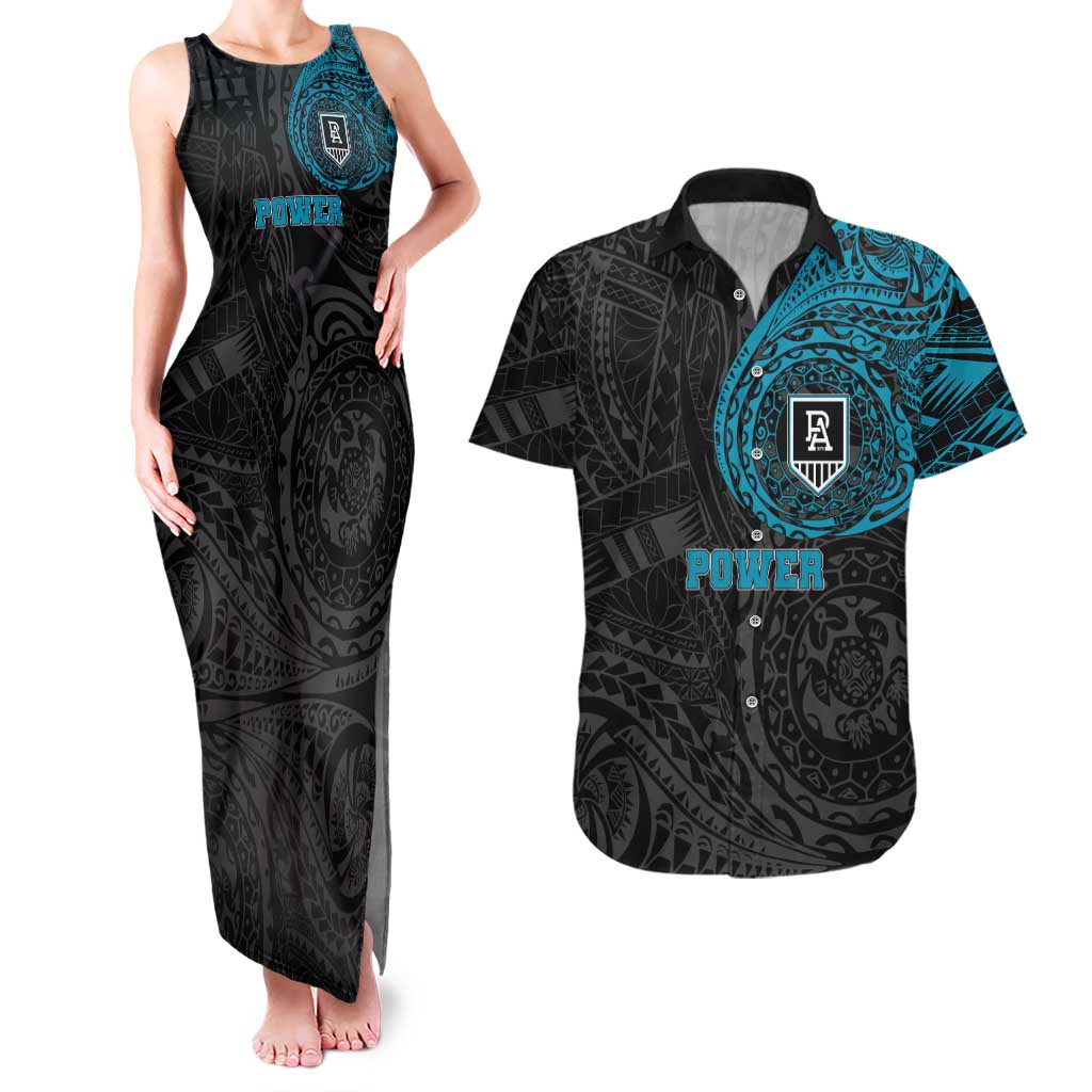 Personalized Port Adelaide Power Polynesian Couples Matching Tank Maxi Dress and Hawaiian Shirt Tribal Chest and Sleeve Tattoo Heritage Warrior