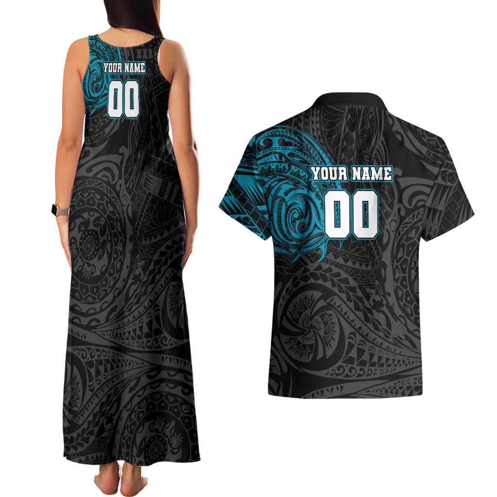 Personalized Port Adelaide Power Polynesian Couples Matching Tank Maxi Dress and Hawaiian Shirt Tribal Chest and Sleeve Tattoo Heritage Warrior