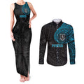 Personalized Port Adelaide Power Polynesian Couples Matching Tank Maxi Dress and Long Sleeve Button Shirt Tribal Chest and Sleeve Tattoo Heritage Warrior